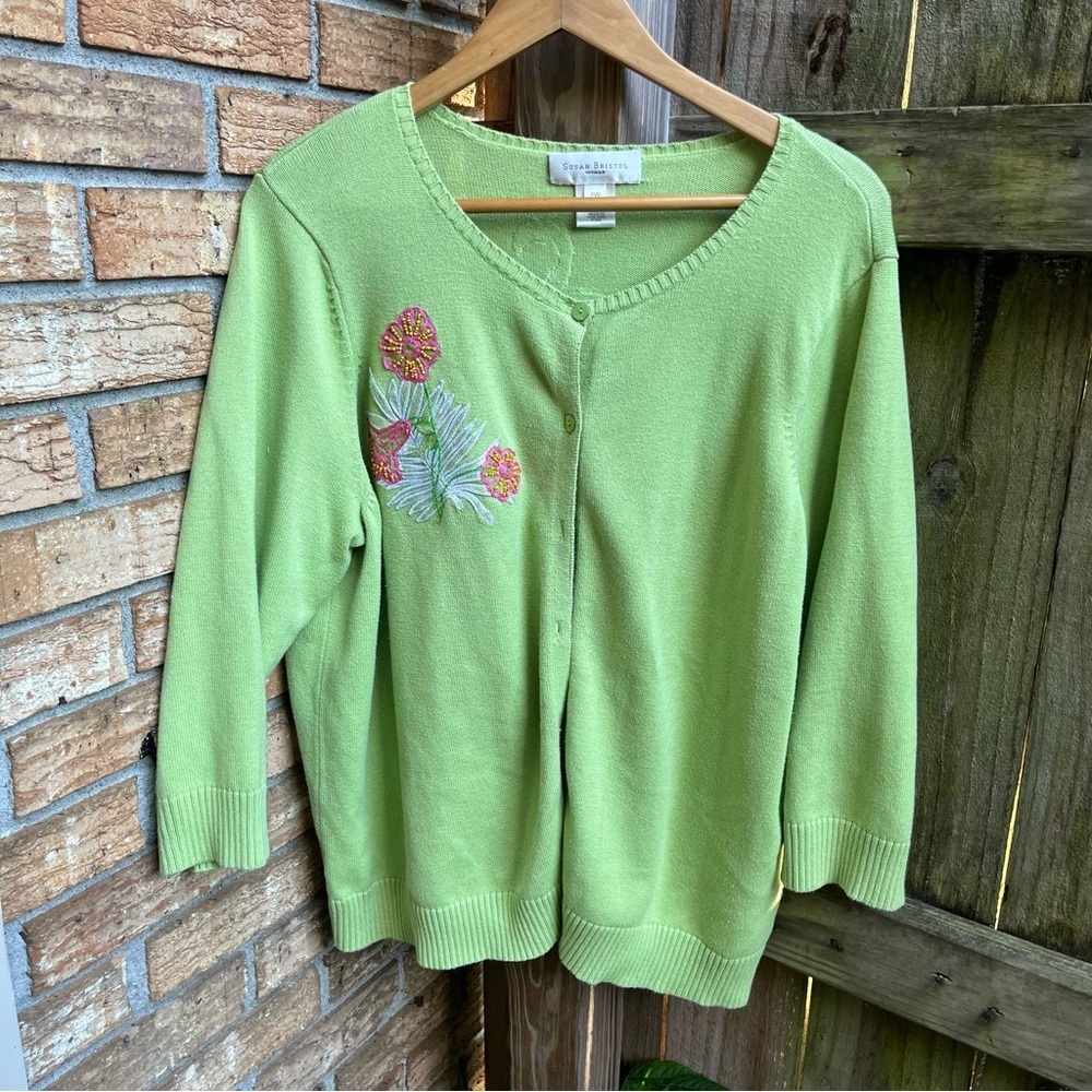 Vintage Susan Bristol Light Green Floral Cardigan w/ Sequins
